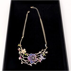 Betsey Johnson Floral Butterfly Bib Necklace 3D Iridescent Gold Tone Fairy